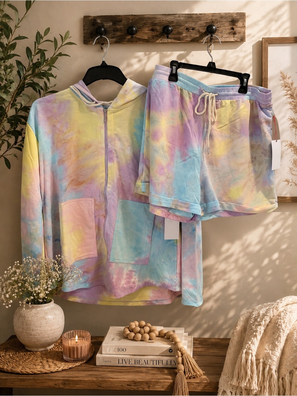 NWT RoseVelvet Tie-Dye Hoodie & Shorts Set Pastel Rainbow 🌈 Sz 1x 2x 3x